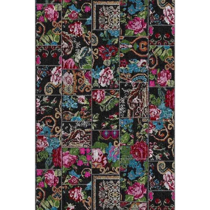 Pelangi Patchwork Gül Desenli Halı, Siyah-Mavi 80 x 400