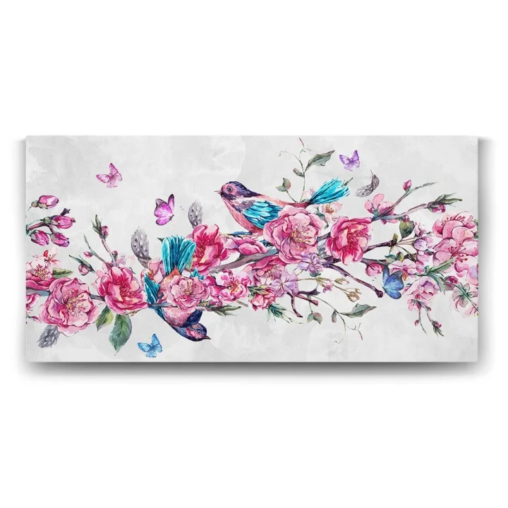 Pembe Çiçekli Dalda Kuşlar Tablosu - 60x30cm