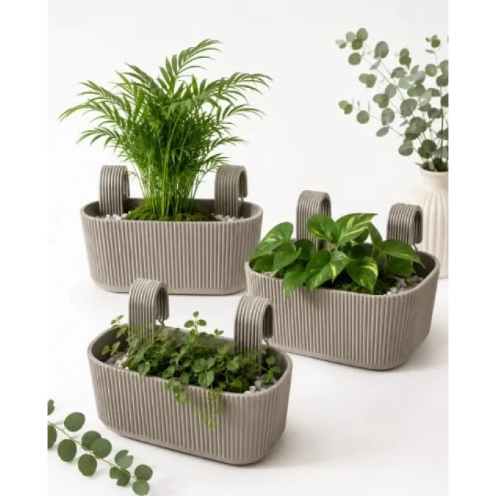 Pera Modern Balkon ve Küpeşte Saksısı 3,2 Litre Krem Plastik Askılı Dikdörtgen 3lü Set