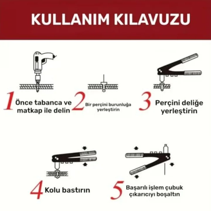 Perçin Tabancası 4 Uçlu Profesyonel Set – 2.4/3.2/4.0/4.8 mm Başlık + 40 Adet Alüminyum Perçin + Anahtar | Metal, Plastik ve Deri Delme & Sabitleme Aracı