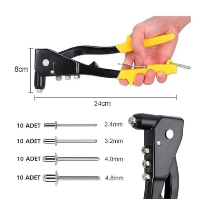 Perçin Tabancası 4 Uçlu Profesyonel Set – 2.4/3.2/4.0/4.8 mm Başlık + 40 Adet Alüminyum Perçin + Anahtar | Metal, Plastik ve Deri Delme & Sabitleme Aracı
