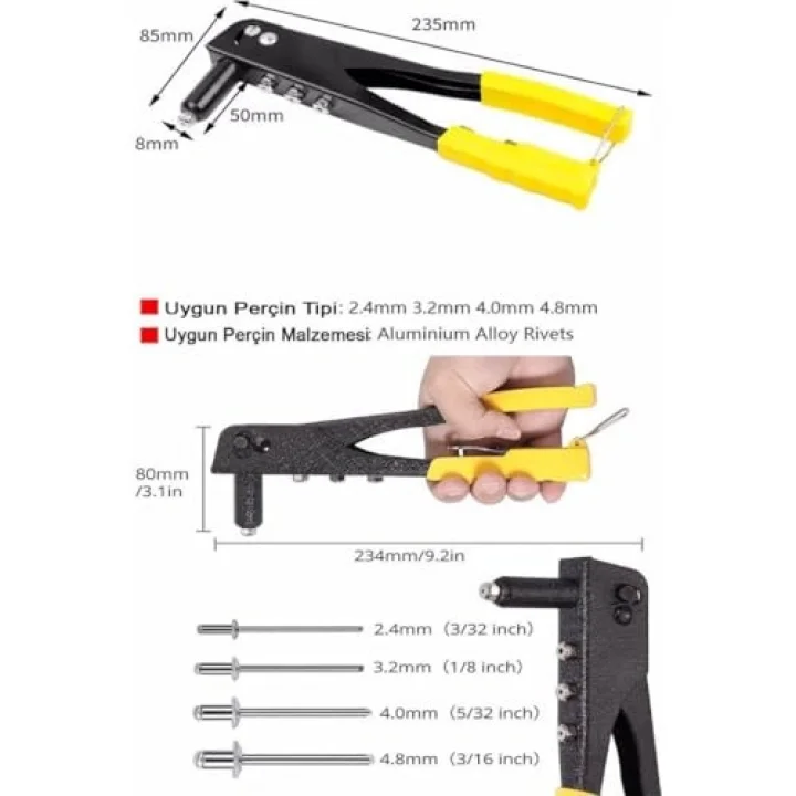 Perçin Tabancası 4 Uçlu Profesyonel Set – 2.4/3.2/4.0/4.8 mm Başlık + 40 Adet Alüminyum Perçin + Anahtar | Metal, Plastik ve Deri Delme & Sabitleme Aracı