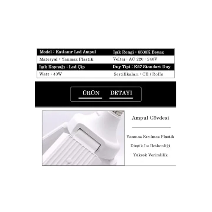 Pervane Led Ampul 3 Kollu Katlanabilir Cata 42w 6400k Beyaz Işık Yaprak Led Ampul