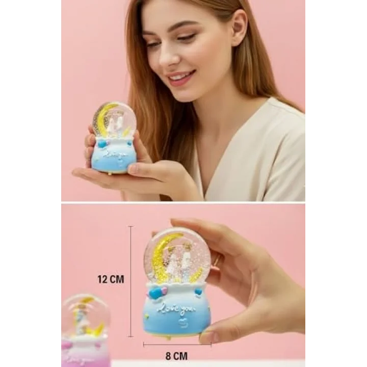 ® Pilli Işıklı Müzikli Kar Küresi–Hilal Ay Figürlü Romantik Masaüstü Biblo, LED Aydınlatmalı Dekoratif Hediyelik Kar Küresi