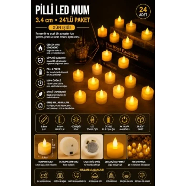 Pilli Led Mum 3.4 cm 24lü Paket Gün Işığı