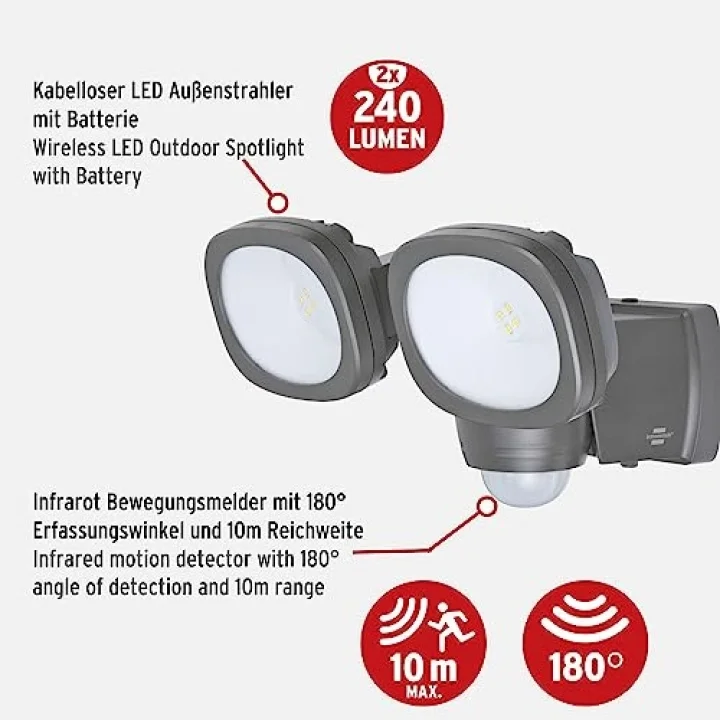 Pilli LED Spot Lamba LUFOS / Kablosuz LED Dış Mekan Spotu Pilli ve Hareket Sensörlü, 8 Adet LED Lamba, 2 x 240 Lümen, Dış Mekan için