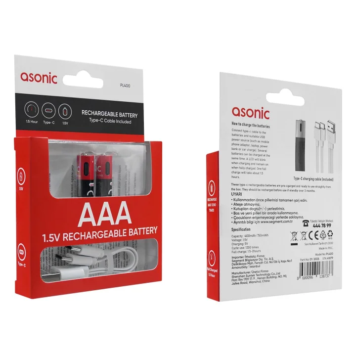PL1400, AAA, Şarjlı Pil, 1.5VOLT, 400MAH/750MWH, Type-C Ile Kolay Şarj, 2 Li Paket