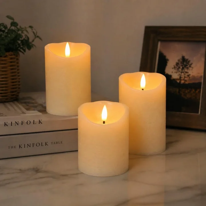 Prag 3’lü LED Mum Seti | 3200K Sıcak Işık | Pilli Çalışan (3×AAA – Dahil Değil) | Gerçek Alev Efektli, Dekoratif Mumlar | Ev, Salon, Yılbaşı, Masa Üstü Kullanım