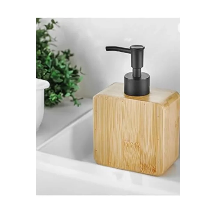 Premium Doğal Bambu Sıvı Sabunluk - Pompalı Ahşap Kare Sabun Dağıtıcı, Banyo ve Mutfak Tezgâh Üstü Lüks Sıvı Sabun Şişesi