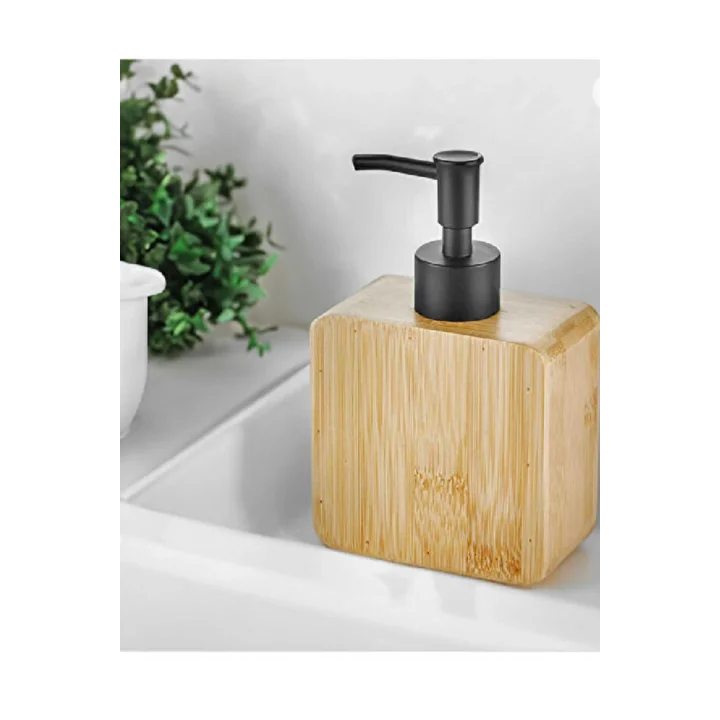 Premium Doğal Bambu Sıvı Sabunluk - Pompalı Ahşap Kare Sabun Dağıtıcı, Banyo ve Mutfak Tezgâh Üstü Lüks Sıvı Sabun Şişesi