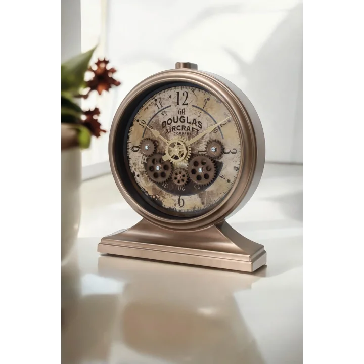 Premium Serisi Antik Eskitme Kadranlı Döner Çarklı 32x28 CM Ev ve Ofis Masa ve Duvar Saati Rakamlı Bronz