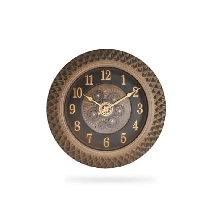 Premium Serisi Antik Eskitme Space Kadranlı Döner Çarklı Ev ve Ofis Duvar Saati Kabartma Rakamlı 40 CM Bronz