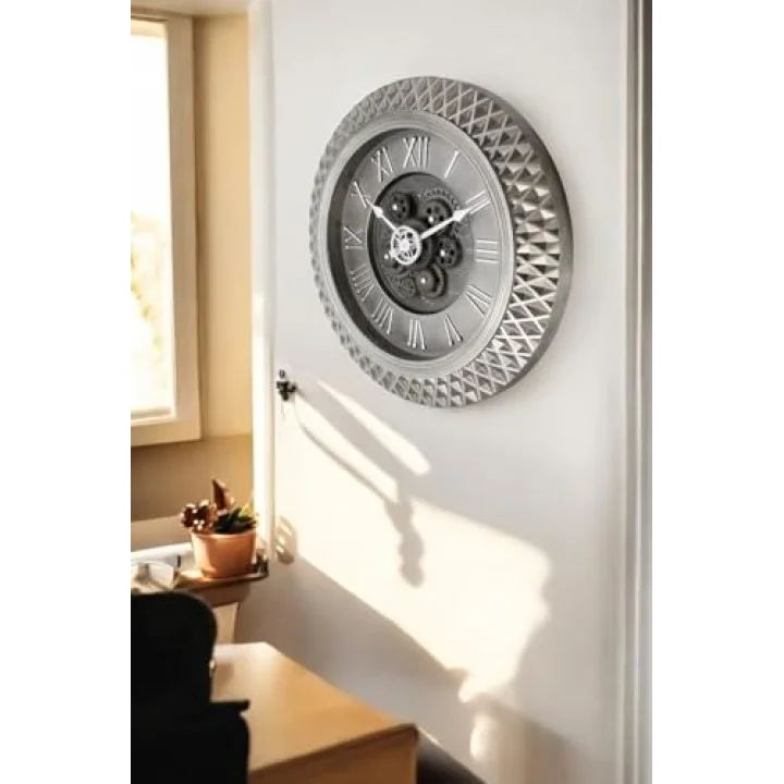 Premium Serisi Antik Eskitme Space Kadranlı Döner Çarklı Ev ve Ofis Duvar Saati Kabartma Roma Rakamlı 40 CM Gri