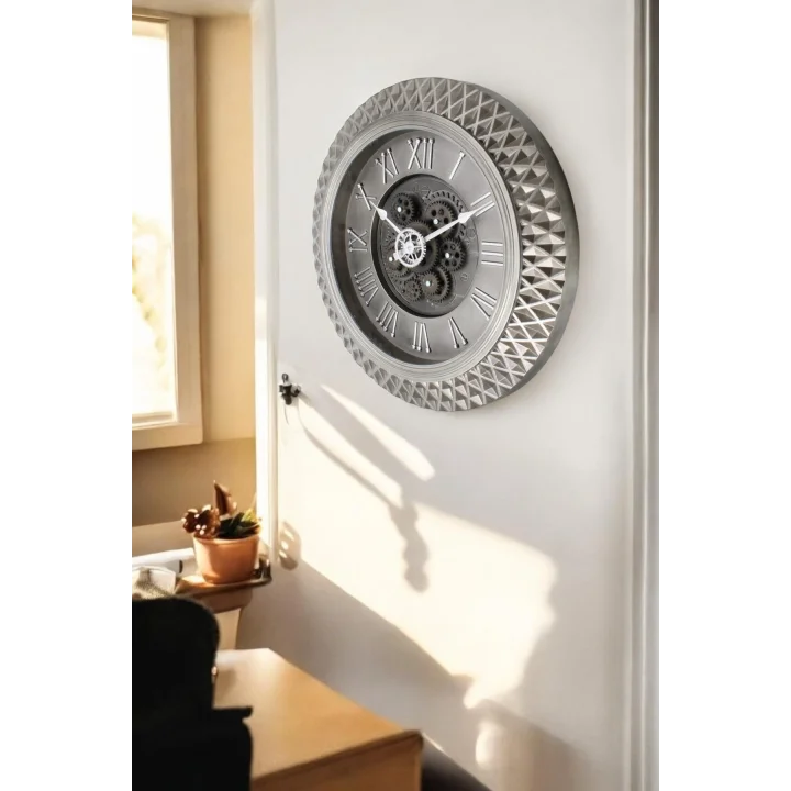 Premium Serisi Antik Eskitme Space Kadranlı Döner Çarklı Ev ve Ofis Duvar Saati Kabartma Roma Rakamlı 40 CM Gri