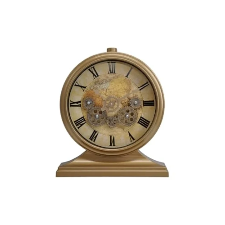 Premium Serisi Modern Kadranlı Döner Çarklı 32x28 CM Ev ve Ofis Masa ve Duvar Saati Roma Rakamlı Harita Baskılı Gold