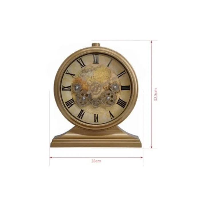 Premium Serisi Modern Kadranlı Döner Çarklı 32x28 CM Ev ve Ofis Masa ve Duvar Saati Roma Rakamlı Harita Baskılı Gold