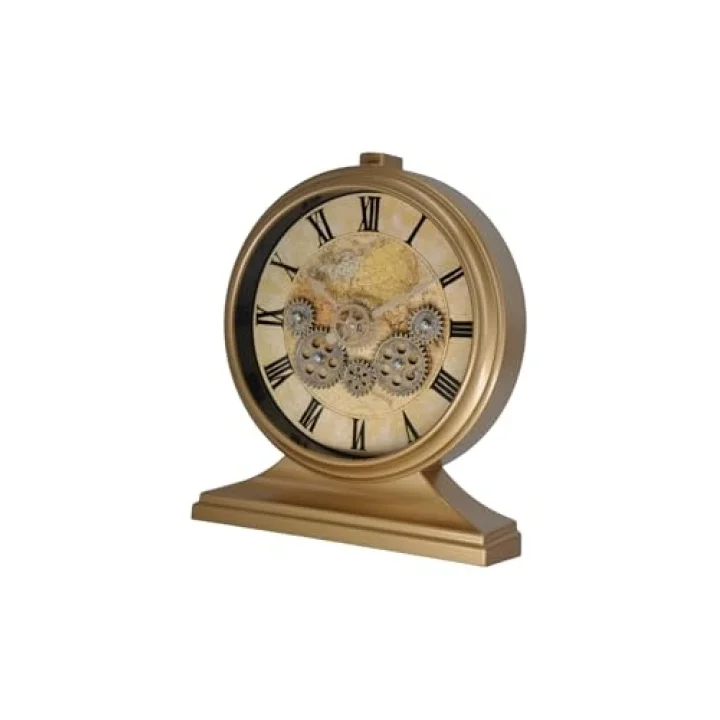 Premium Serisi Modern Kadranlı Döner Çarklı 32x28 CM Ev ve Ofis Masa ve Duvar Saati Roma Rakamlı Harita Baskılı Gold