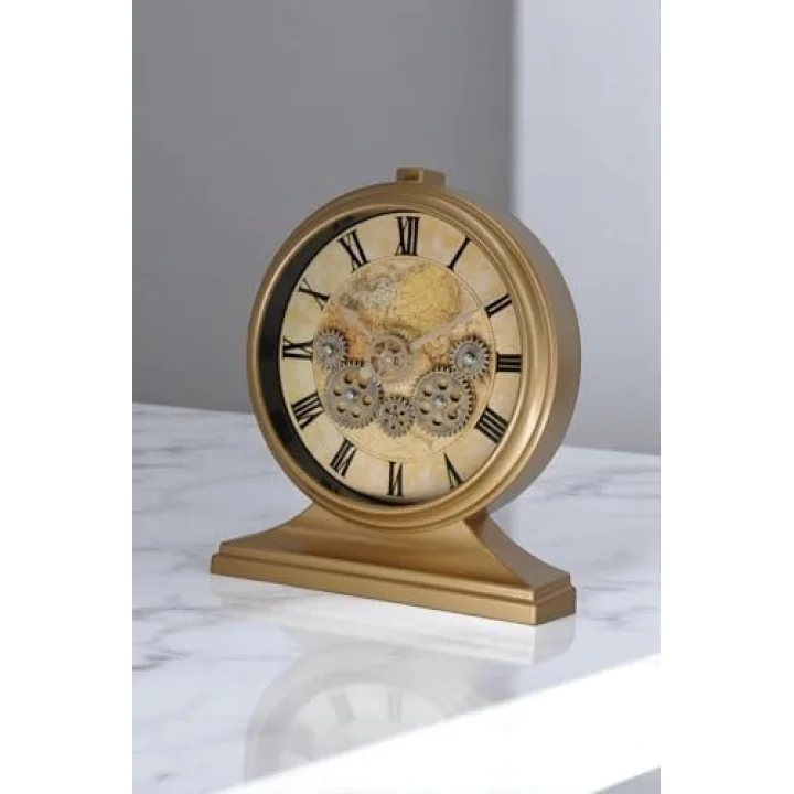 Premium Serisi Modern Kadranlı Döner Çarklı 32x28 CM Ev ve Ofis Masa ve Duvar Saati Roma Rakamlı Harita Baskılı Gold