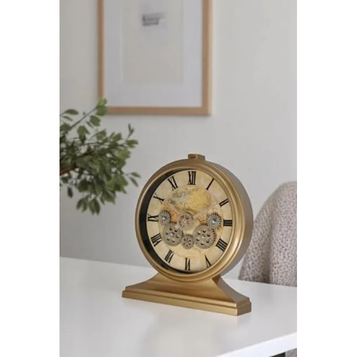 Premium Serisi Modern Kadranlı Döner Çarklı 32x28 CM Ev ve Ofis Masa ve Duvar Saati Roma Rakamlı Harita Baskılı Gold