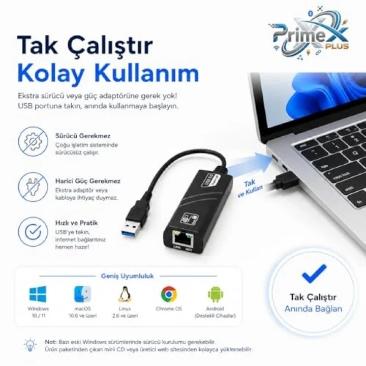 PrimeX PX-2035 USB 3.0 Gigabit Ethernet Adaptör, 1000Mbps USB to RJ45 LAN Dönüştürücü, USB Network Çevirici, PC Notebook İçin Kablolu İnternet Adaptörü, 10/100/1000Mbps Gigabit USB İnternet Çevirici