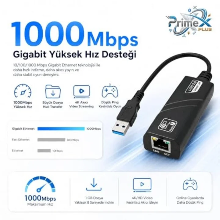 PrimeX PX-2035 USB 3.0 Gigabit Ethernet Adaptör, 1000Mbps USB to RJ45 LAN Dönüştürücü, USB Network Çevirici, PC Notebook İçin Kablolu İnternet Adaptörü, 10/100/1000Mbps Gigabit USB İnternet Çevirici