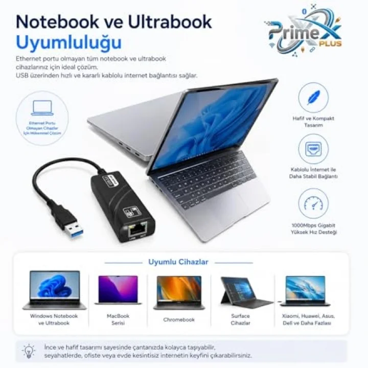 PrimeX PX-2035 USB 3.0 Gigabit Ethernet Adaptör, 1000Mbps USB to RJ45 LAN Dönüştürücü, USB Network Çevirici, PC Notebook İçin Kablolu İnternet Adaptörü, 10/100/1000Mbps Gigabit USB İnternet Çevirici