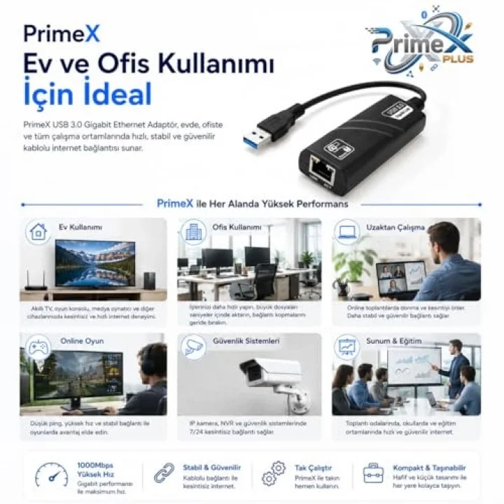 PrimeX PX-2035 USB 3.0 Gigabit Ethernet Adaptör, 1000Mbps USB to RJ45 LAN Dönüştürücü, USB Network Çevirici, PC Notebook İçin Kablolu İnternet Adaptörü, 10/100/1000Mbps Gigabit USB İnternet Çevirici