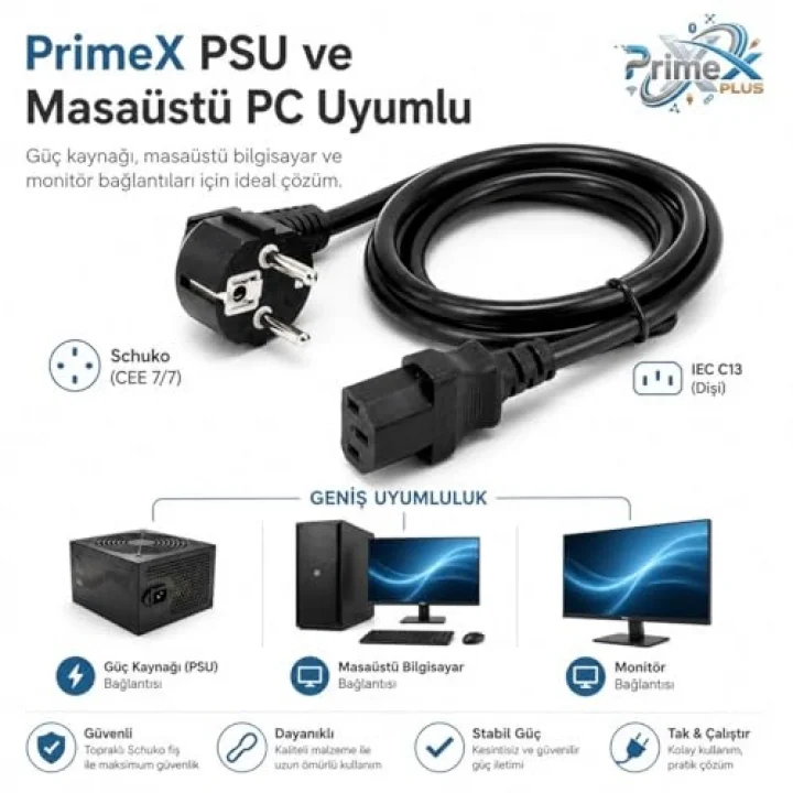 PrimeX PX-P430 3 Metre Lüks Power Kablosu, 3x1.5mm Kalın Full Bakır PSU Güç Kablosu, PC Power Supply Monitör Mining Sistemleri İçin Siyah Enerji Kablosu (3 Metre)