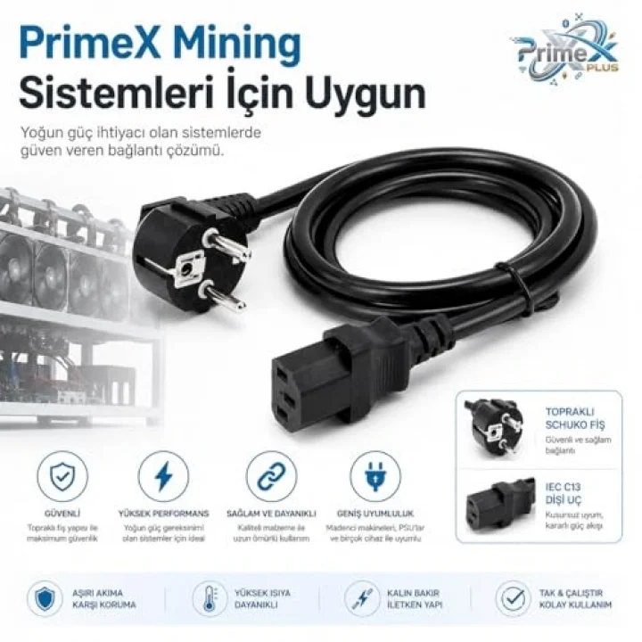 PrimeX PX-P430 3 Metre Lüks Power Kablosu, 3x1.5mm Kalın Full Bakır PSU Güç Kablosu, PC Power Supply Monitör Mining Sistemleri İçin Siyah Enerji Kablosu (3 Metre)