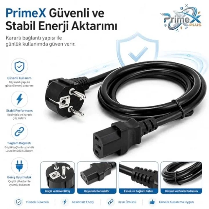 PrimeX PX-P430 3 Metre Lüks Power Kablosu, 3x1.5mm Kalın Full Bakır PSU Güç Kablosu, PC Power Supply Monitör Mining Sistemleri İçin Siyah Enerji Kablosu (3 Metre)