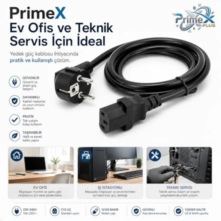 PrimeX PX-P430 3 Metre Lüks Power Kablosu, 3x1.5mm Kalın Full Bakır PSU Güç Kablosu, PC Power Supply Monitör Mining Sistemleri İçin Siyah Enerji Kablosu (3 Metre)