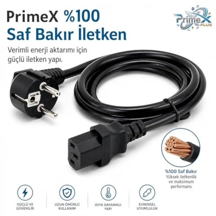 PrimeX PX-P430 3 Metre Lüks Power Kablosu, 3x1.5mm Kalın Full Bakır PSU Güç Kablosu, PC Power Supply Monitör Mining Sistemleri İçin Siyah Enerji Kablosu (3 Metre)