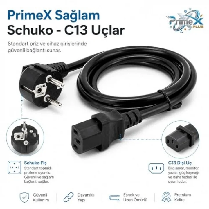 PrimeX PX-P430 3 Metre Lüks Power Kablosu, 3x1.5mm Kalın Full Bakır PSU Güç Kablosu, PC Power Supply Monitör Mining Sistemleri İçin Siyah Enerji Kablosu (3 Metre)