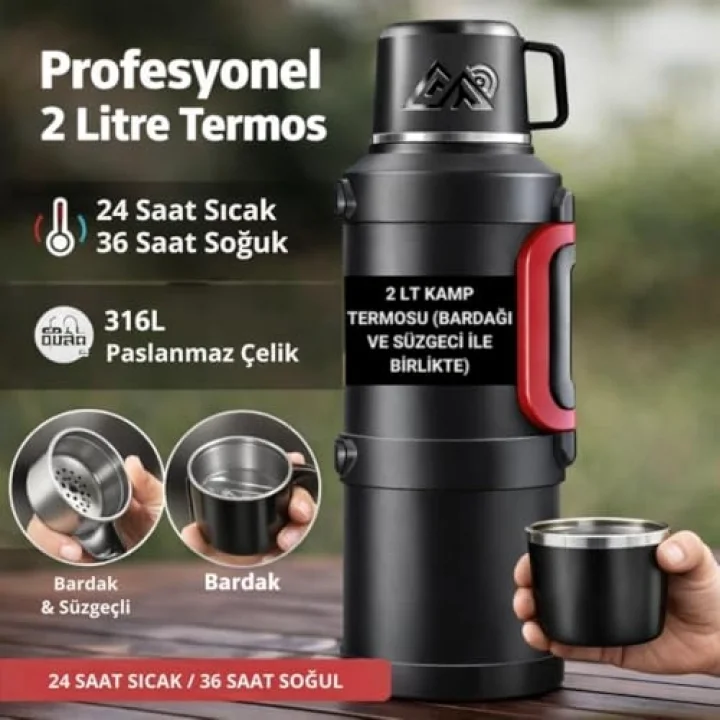 Profesyonel 68 Oz Pasianmaz Çelik 2 Litre Kamp Termosu Bardaklı Termos 24 Saat Sıcak 36 Saat Soğuk Taşınabilir Çelik 2Lt Kamp Termosu Siyah