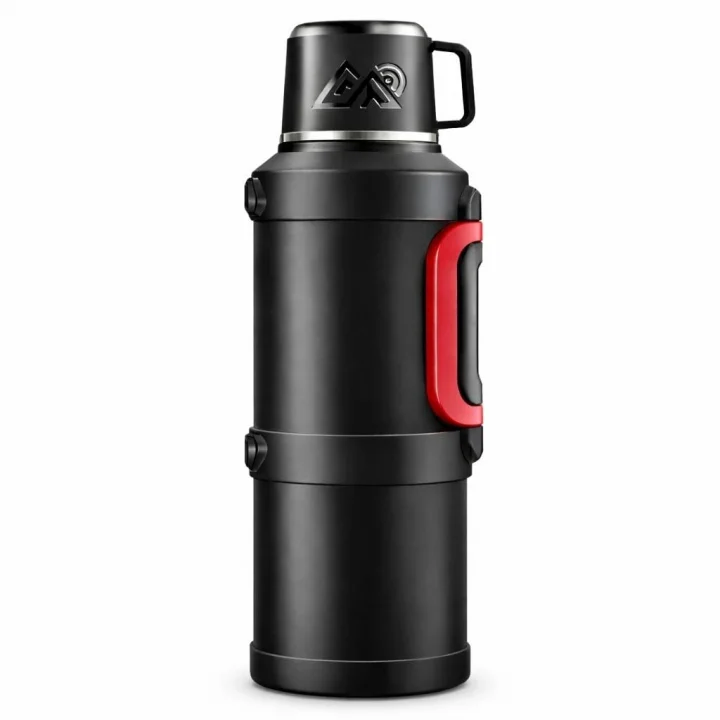 Profesyonel 68 Oz Pasianmaz Çelik 2 Litre Kamp Termosu Bardaklı Termos 24 Saat Sıcak 36 Saat Soğuk Taşınabilir Çelik 2Lt Kamp Termosu Siyah