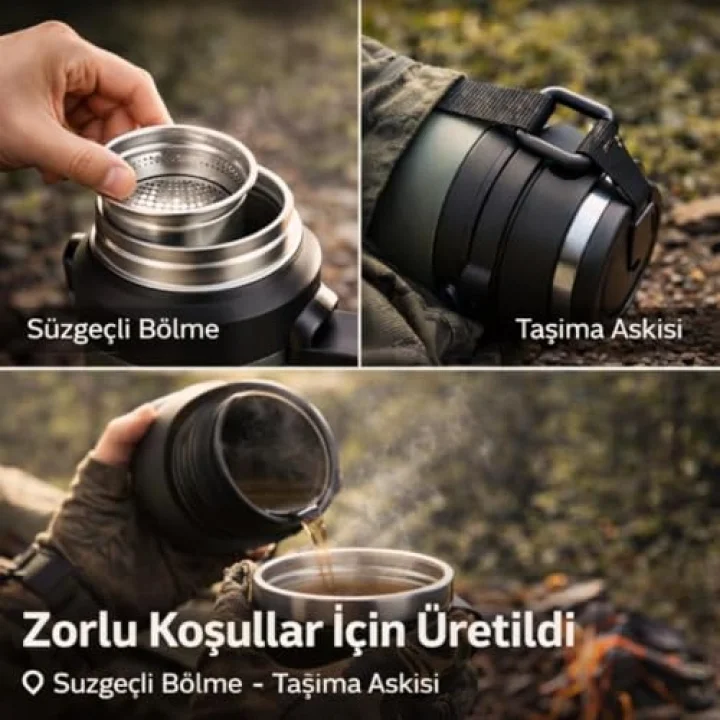 Profesyonel 68 Oz Pasianmaz Çelik 2 Litre Kamp Termosu Bardaklı Termos 24 Saat Sıcak 36 Saat Soğuk Taşınabilir Çelik 2Lt Kamp Termosu Siyah