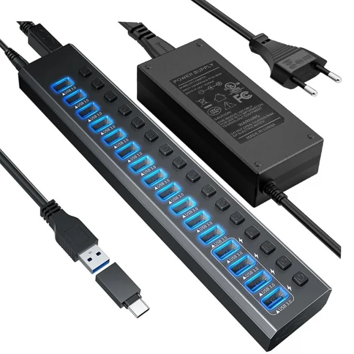 Profesyonel USB Hub 16 Portlu USB 3.0 Type-C 5Gbps Hızlı Şarj Bireysel Açma Kapama Anahtarları 12V DC 7.5A Güç Adaptörü Telefon Şarj Dizüstü Bilgisayar Mobil HDD Flash Sürücü Port16