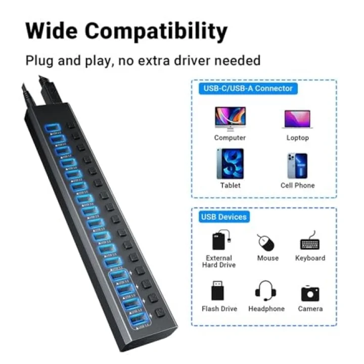 Profesyonel USB Hub 16 Portlu USB 3.0 Type-C 5Gbps Hızlı Şarj Bireysel Açma Kapama Anahtarları 12V DC 7.5A Güç Adaptörü Telefon Şarj Dizüstü Bilgisayar Mobil HDD Flash Sürücü Port16