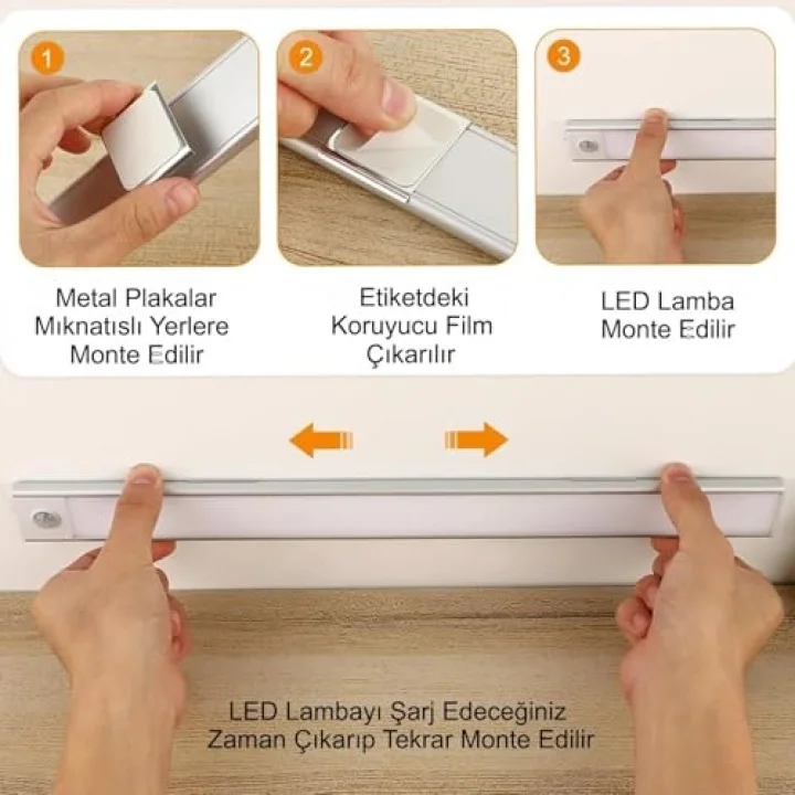 Promosyonca Sensörlü Alüminyum USB Şarjlı LED Gece Lambası, 3 Renk Kısılabilir, Mutfak Dolap Tezgah için (40 cm)