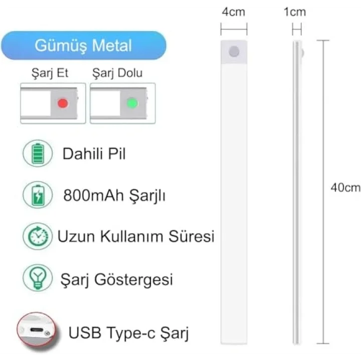 Promosyonca Sensörlü Alüminyum USB Şarjlı LED Gece Lambası, 3 Renk Kısılabilir, Mutfak Dolap Tezgah için (40 cm)