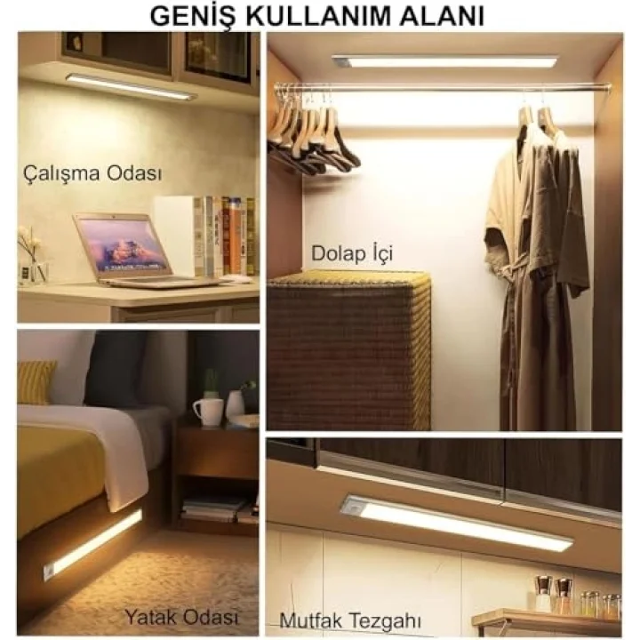 Promosyonca Sensörlü Alüminyum USB Şarjlı LED Gece Lambası, 3 Renk Kısılabilir, Mutfak Dolap Tezgah için (40 cm)