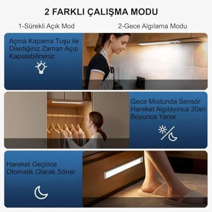 Promosyonca Sensörlü Alüminyum USB Şarjlı LED Gece Lambası, 3 Renk Kısılabilir, Mutfak Dolap Tezgah için (40 cm)
