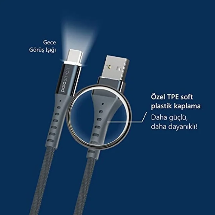 PSM26 1.2 Metre Type-C (Android ve Diğer) Led Aydınlatmalı Şarj Ve Data Kablosu Siyah