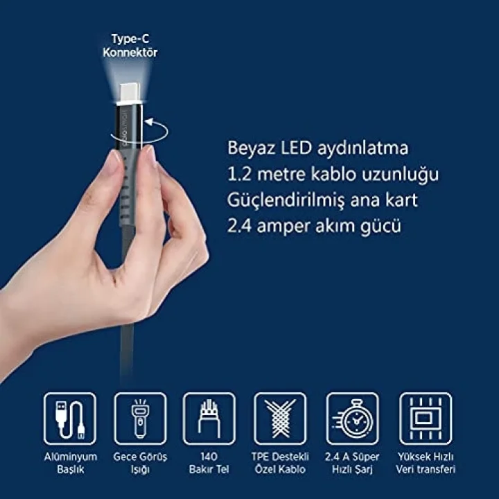 PSM26 1.2 Metre Type-C (Android ve Diğer) Led Aydınlatmalı Şarj Ve Data Kablosu Siyah