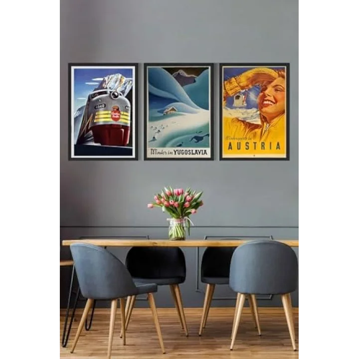 (pster14893) Vintage Kış 3 Parçalı Çerçeve Seti 50 x 70