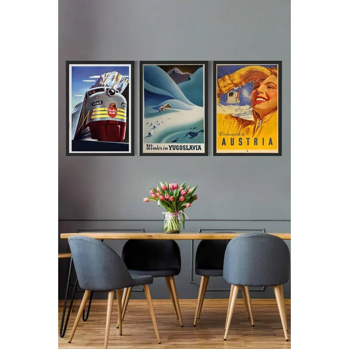 (pster14893) Vintage Kış 3 Parçalı Çerçeve Seti 50 x 70