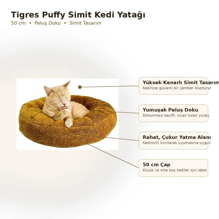 Puffy Simit Şeklinde Kedi Yatağı 50 cm