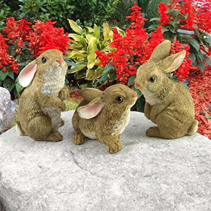 QM92008 The Bunny Den Rabbits İç/Dış Mekan Bahçe Hayvan Heykelleri, 9,5 cm Genişliğinde, 10,5 cm Derinliğinde, Tam Renkli Kaplama