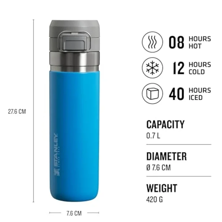 Quick-Flip Termos 0.7 Litre - Azure | Paslanmaz Çelik | Paslanmaz çelik - 12 saat soğuk tutar - sızdırmaz içecek şişesi - termos şişe - BPA içermez - araba bardak tutucuya uygun