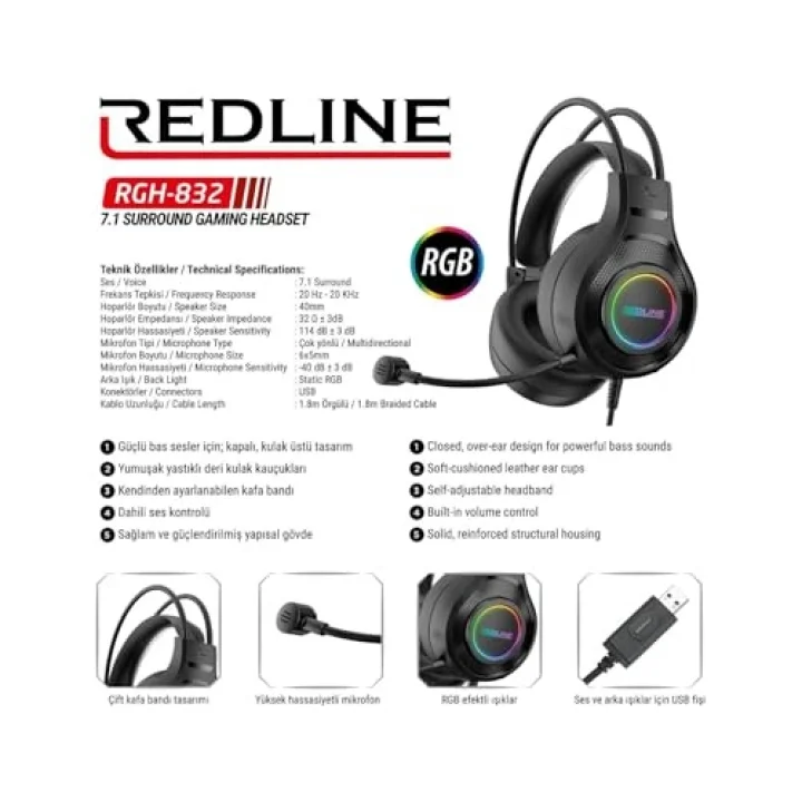 RGH-832 RGB 7.1 USB Kablolu Kulak Üstü Oyun Kulaklığı